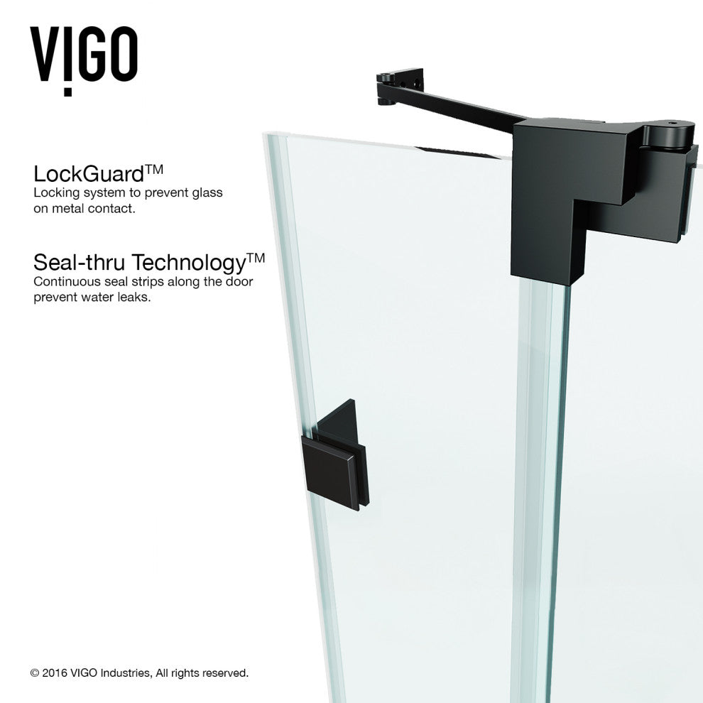 VIGO Pirouette 30" to 36" W x 72" H Frameless Pivot Shower Door, Matte Black, Clear Glass