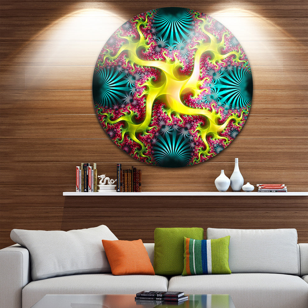 Glowing Yellow Fractal Flower Design, Abstract Disc Metal Artwork, 36"