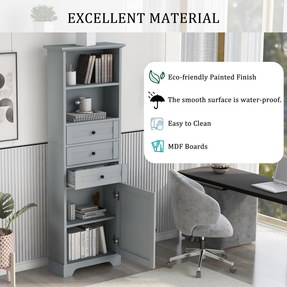 68" Tall Freestanding Bath Cabinet, 3 Drawers and Adjustable Shelves, Grey