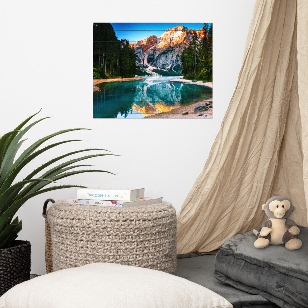 Faux Wood Misty Lake and Snow-cap Mountain Reflections Unframed Wall Art Prints, 16" X 20"