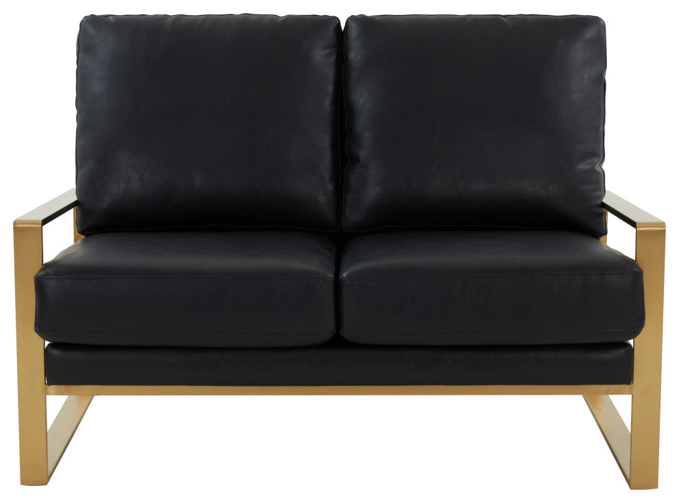 LeisureMod Jefferson Leather Modern Design Loveseat With Gold Frame, Black