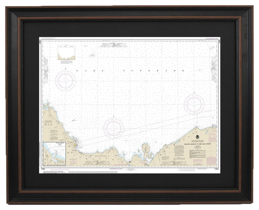 Framed Nautical Chart, Grand Marais to Big Bay Point, Lake Superior, 36x26