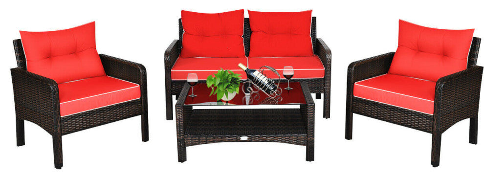 Costway 4 PCS Outdoor Patio Rattan Wicker Loveseat, 2 Single Sofas &1 Tea Table