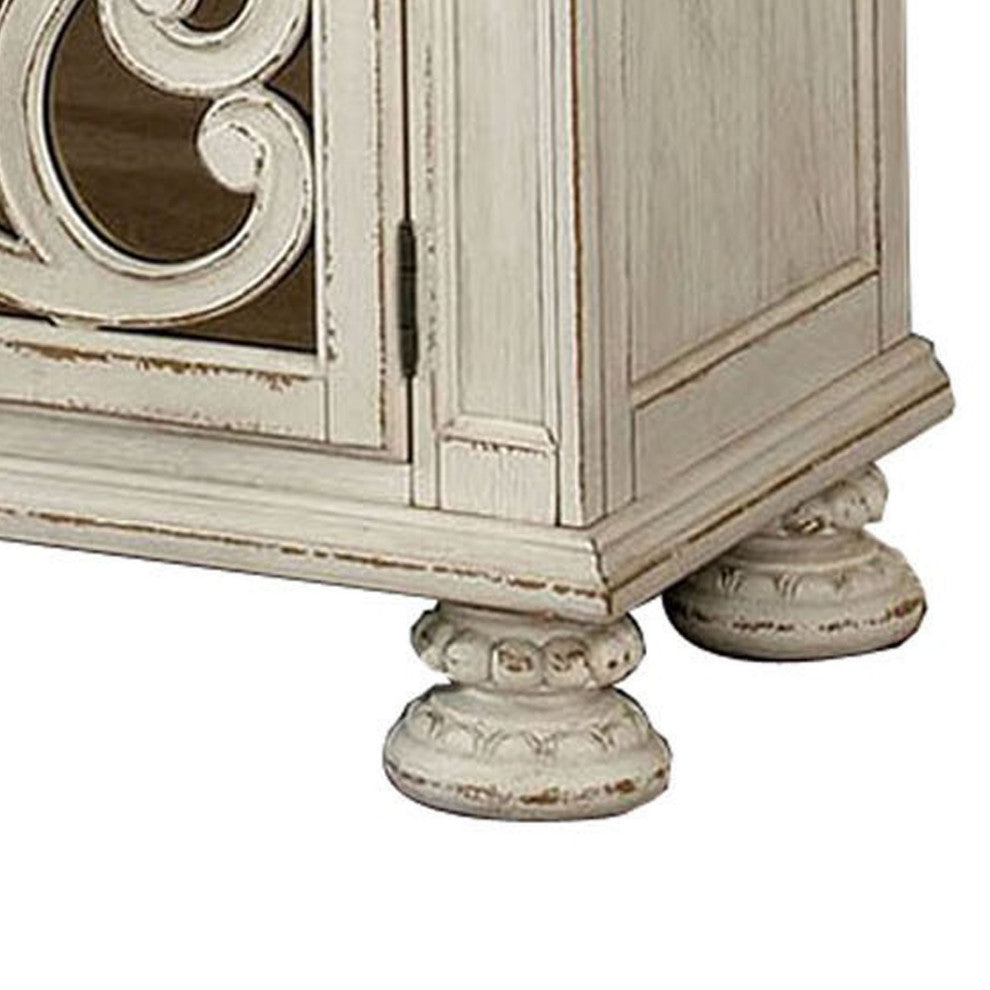 Benzara BM252370 Server With Intricate Wood Inlay Details, Antique White