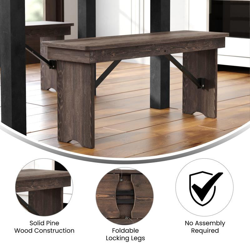 HERCULES Series 40" x 12" Solid Pine Folding Farm Bench, Mahogany