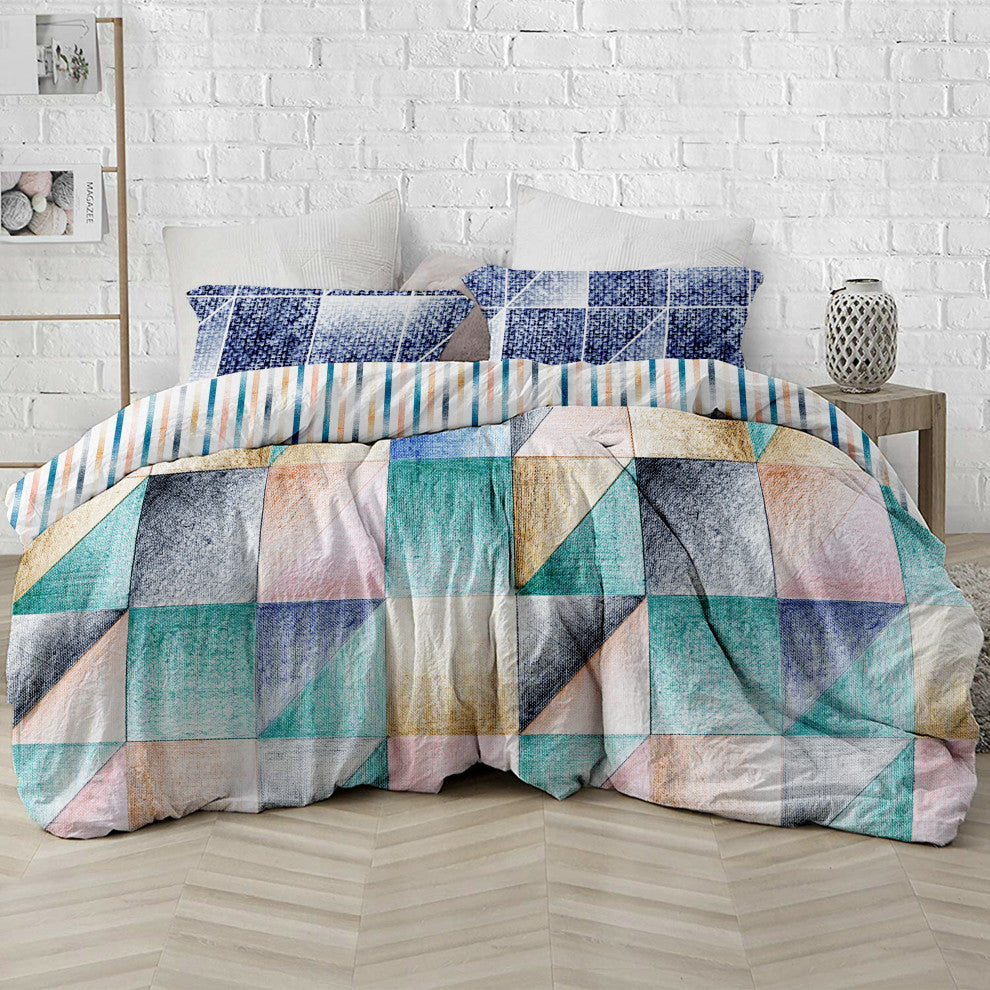 Delara GOTS Organic Cotton Geometric Reversible Print Duvet Cover Set, Queen(88"