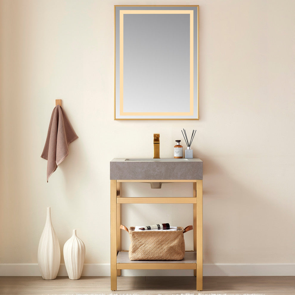Horizontal Rectangular LED Wall Mount Bathroom Mirror, Gold, 24"