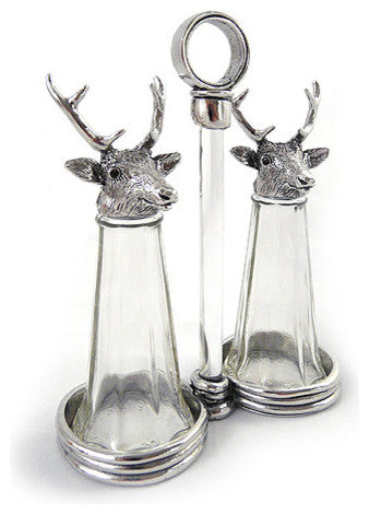 Stags Pewter and Glass Salt and Pepper Shakers Set