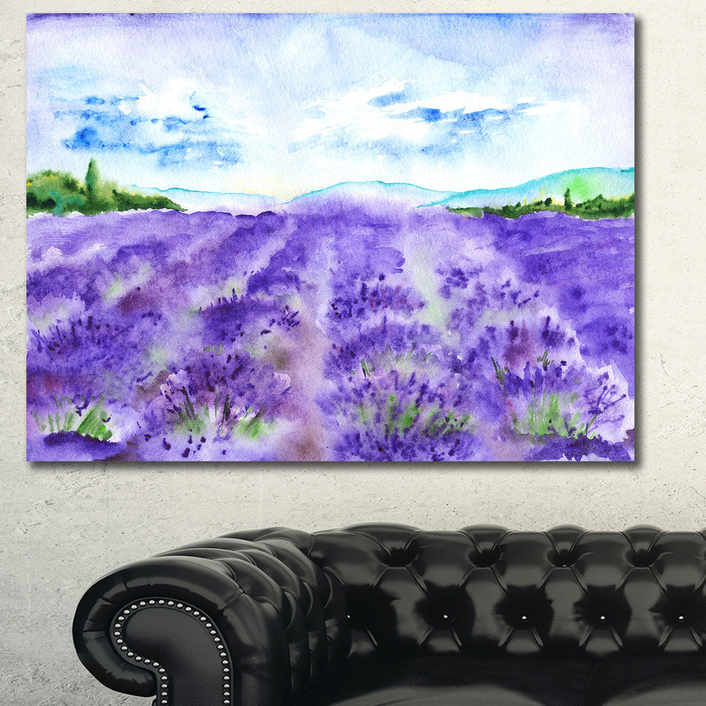 Lavender Fields Watercolor, Landscape Canvas Art Print, 40"x30"