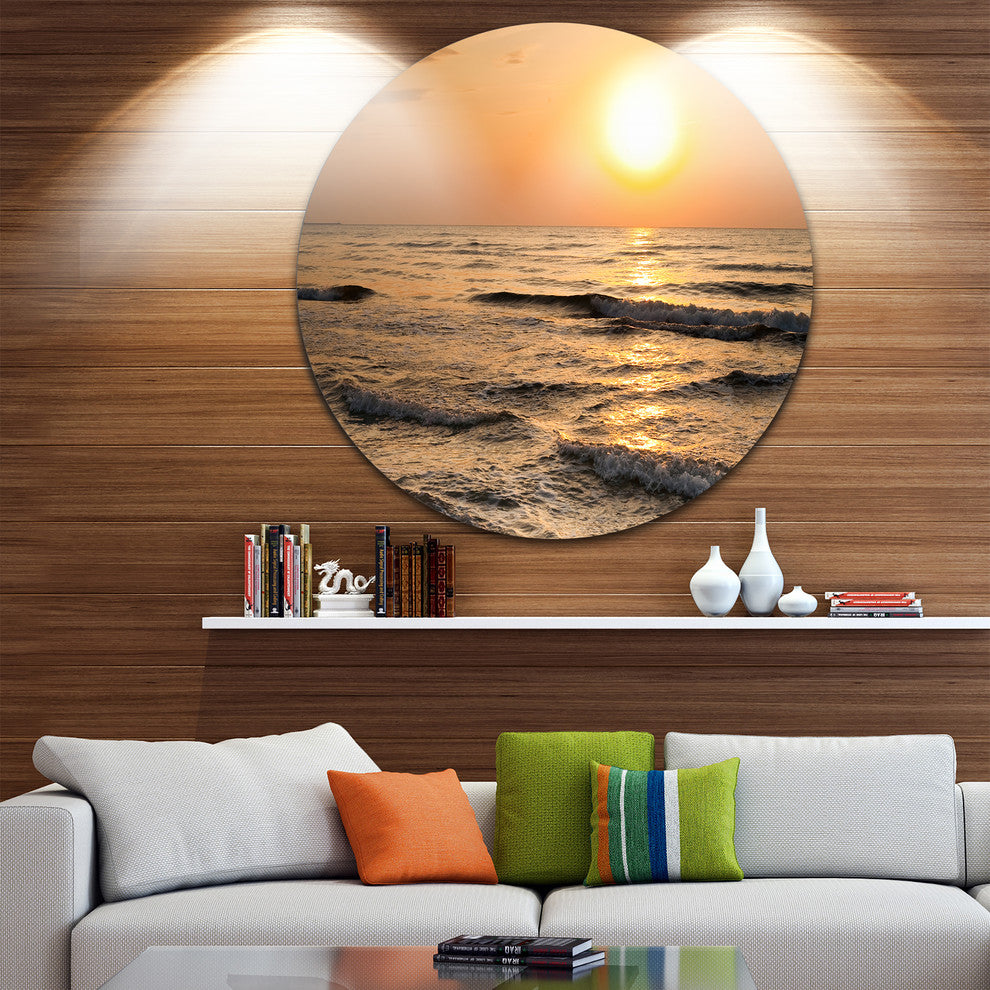 Typical Sunrise With Tranquil Waves, Seashore Disc Metal Artwork, 11"