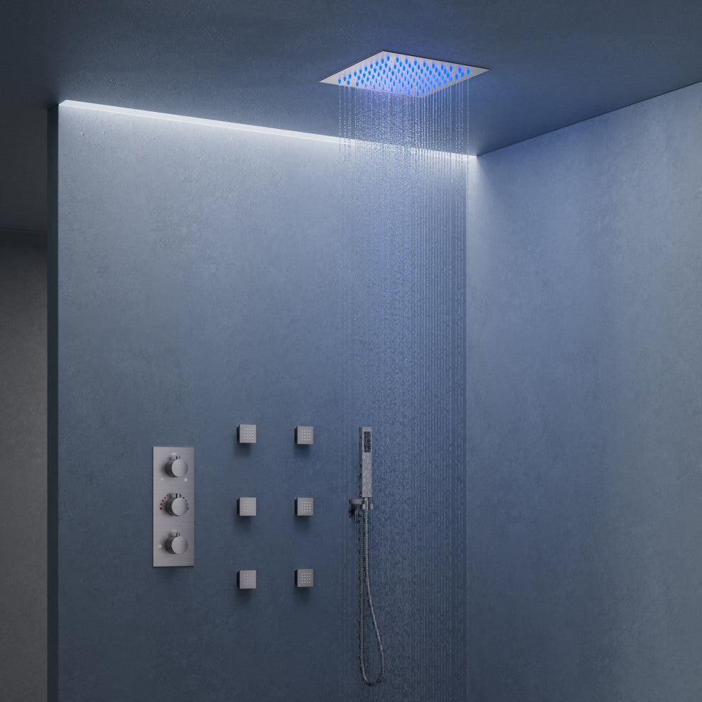 LED Thermostatic Shower System 12" Rain Shower Head with 6 Body Jets, Brushed Nickel
