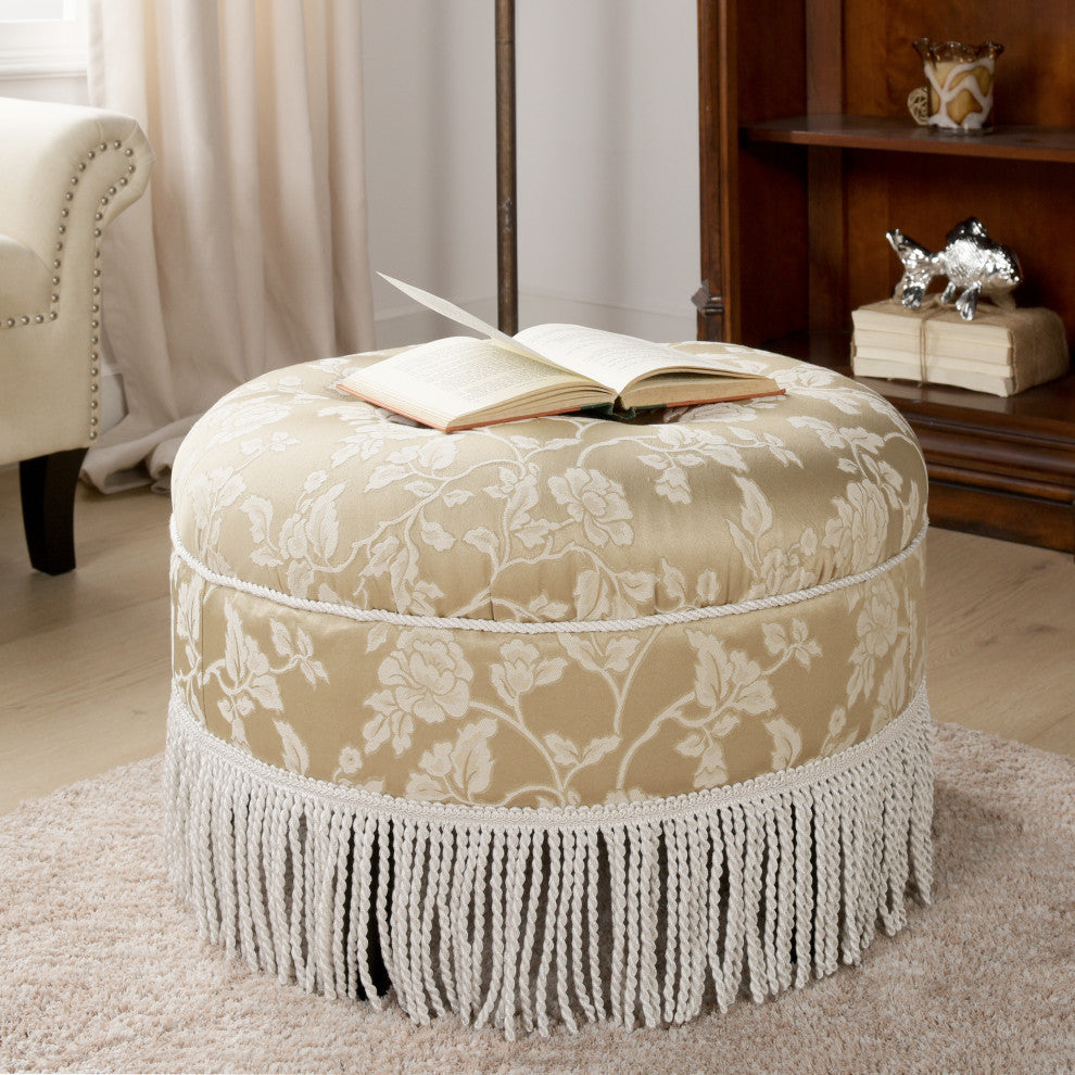 Yolanda 24" Upholstered Round Accent Ottoman, Champagne Beige Floral