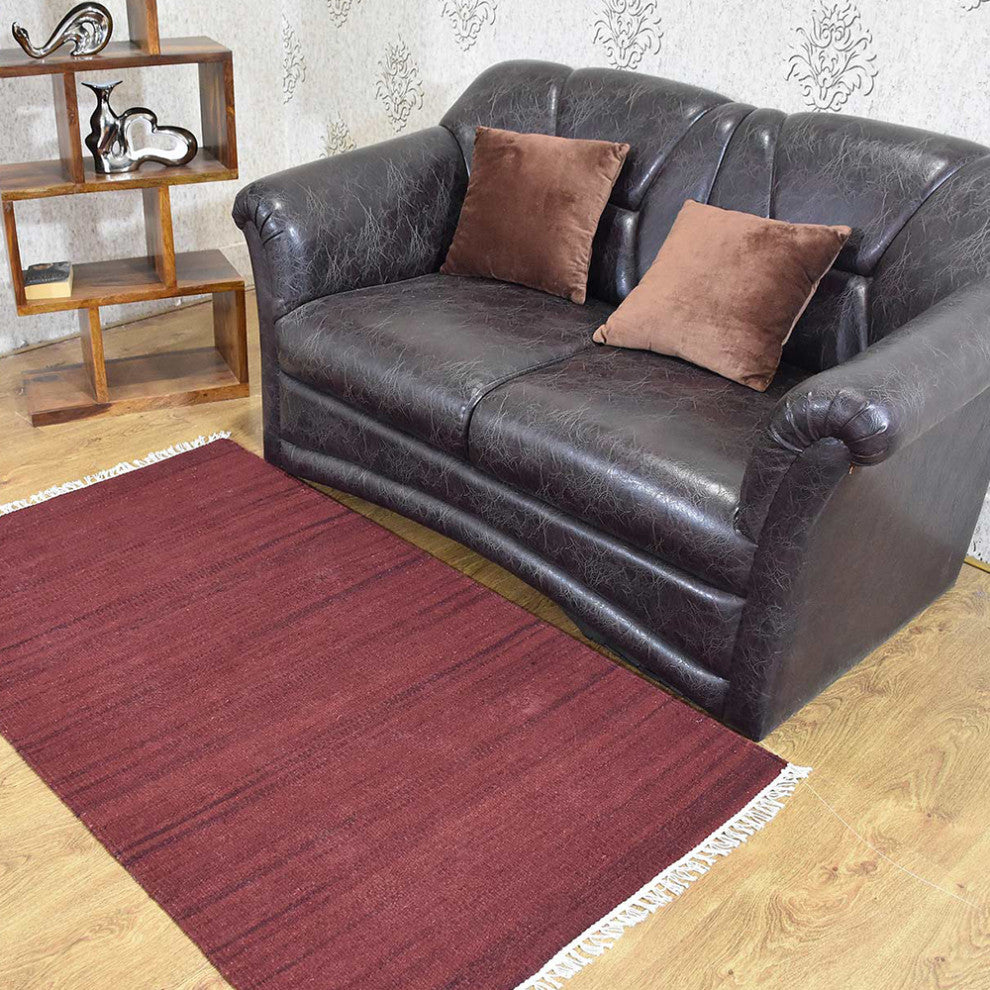 HAND WOVEN FLAT WEAVE KILIM WOOL ECO-FRIENDLY AREA RUGS-Solid,Dark Red
