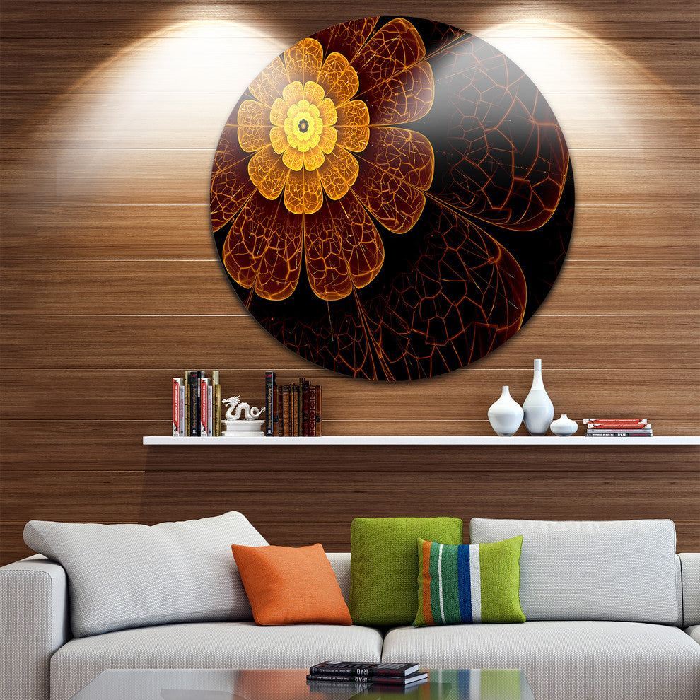 Symmetrical Orange Fractal Flower, Floral Disc Metal Artwork, 11"
