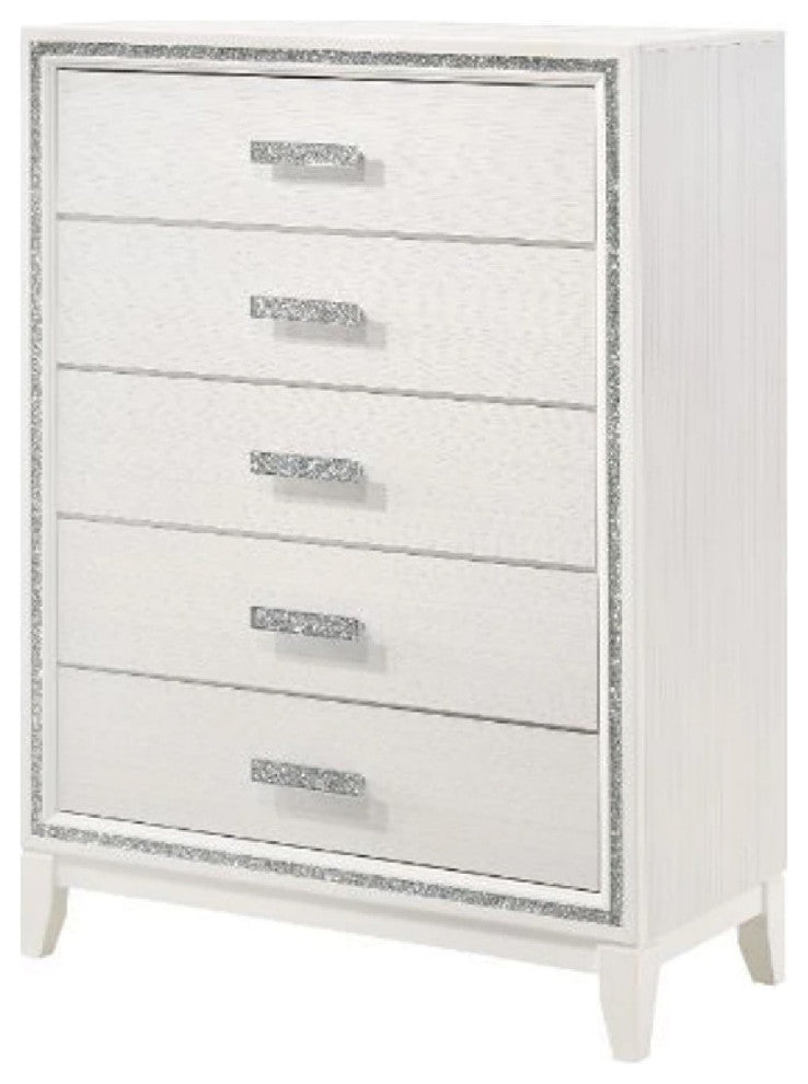 Benzara BM269073 Chest With 5 Drawers and Shimmer Accent Trim, White