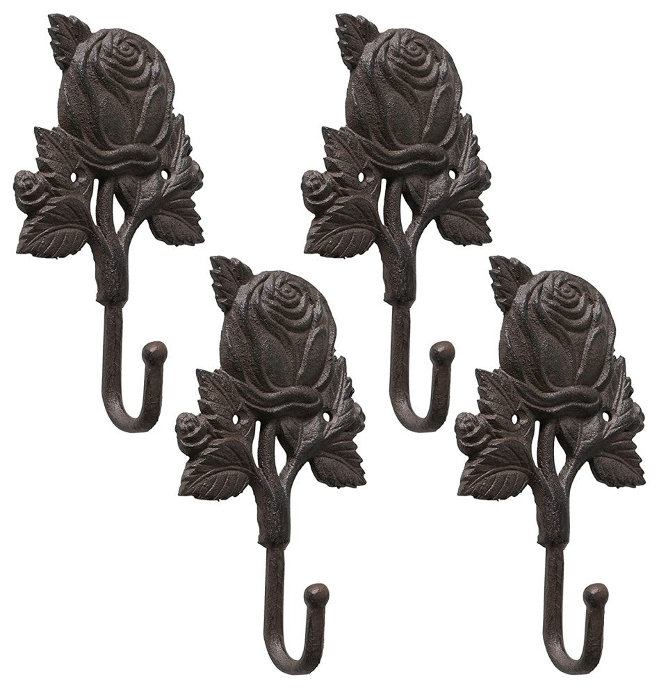 Cast Iron Sweetheart Rose Wall Hooks, Set of 4