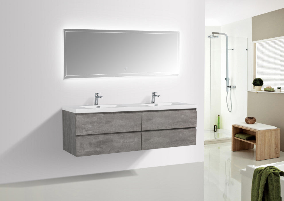 Alma-Pre 4 Drawers Wall Mount Vanity, Integrated White Sink, Cement Crey, 60"