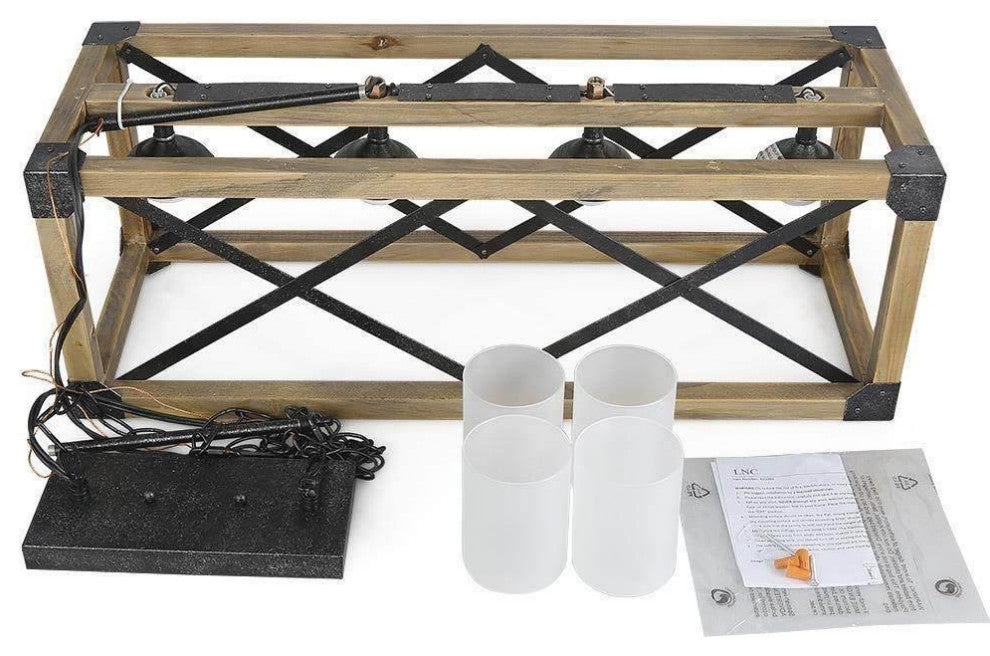 LNC 4-Light Farmhouse Distressed Wood Linear Kitchen Island Light, Frosted Glass Shade