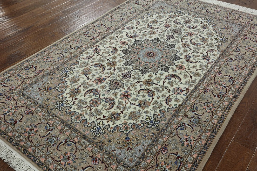 Authentic Persian Isfahan Signed Handmade Wool and Silk Rug, 5'x8'