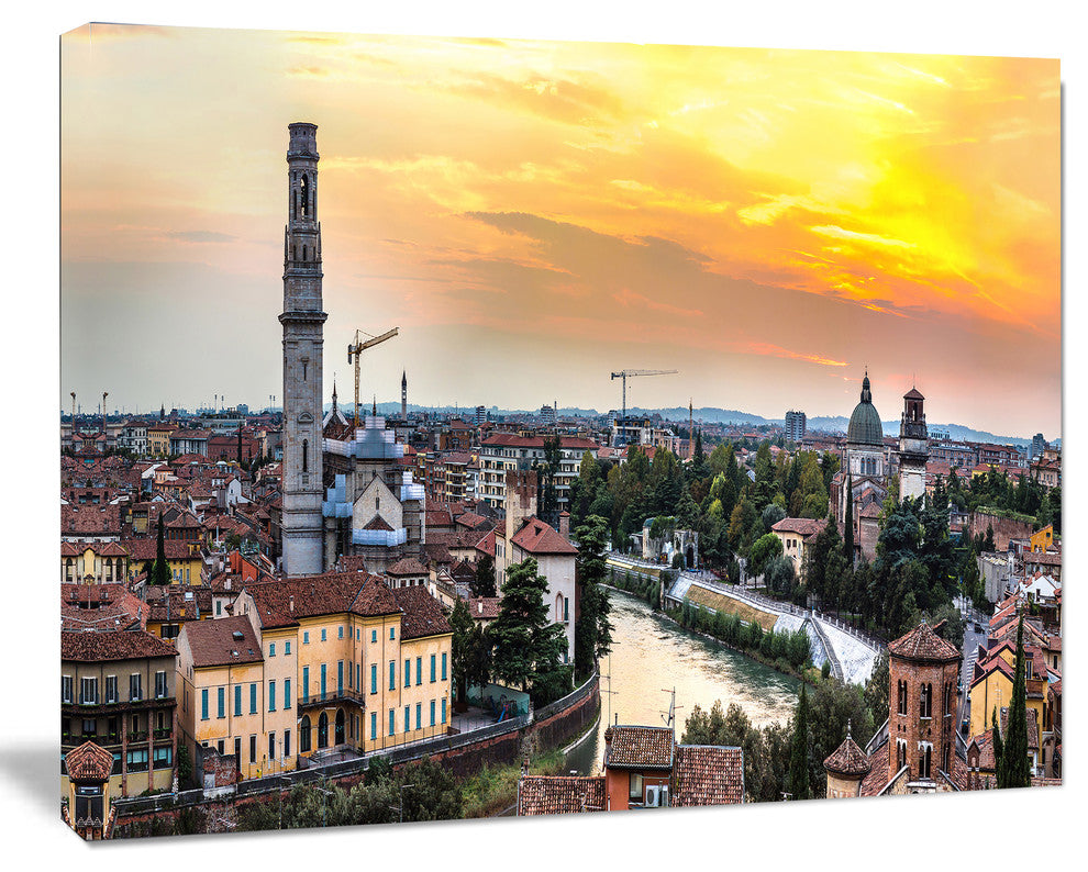 Verona at Sunset in Italy, Cityscape Canvas Art Print, 40"x30"