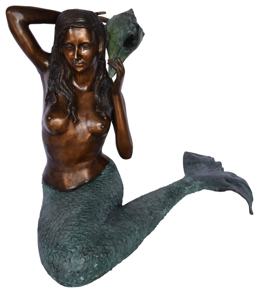 Mermaid Sitting Holding A Shell Bronze Fountain Art Nude 28" x 25" x 28"H