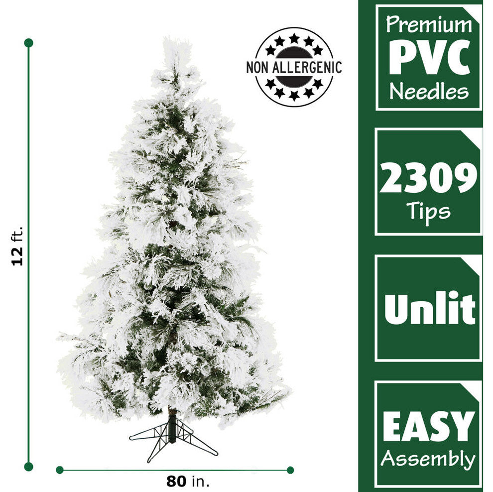 Flocked Snowy Pine Christmas Tree, 12', Without Lights