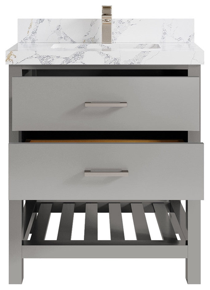 Parker 30" Single Sink Bath Vanity, Elephant Skin Gray 2" Calacatta Poanazzo