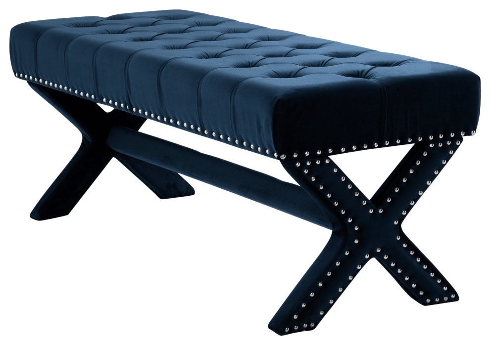 Diana Velvet Button Tufted Silver Nailhead Trim X-Leg Bench, Navy