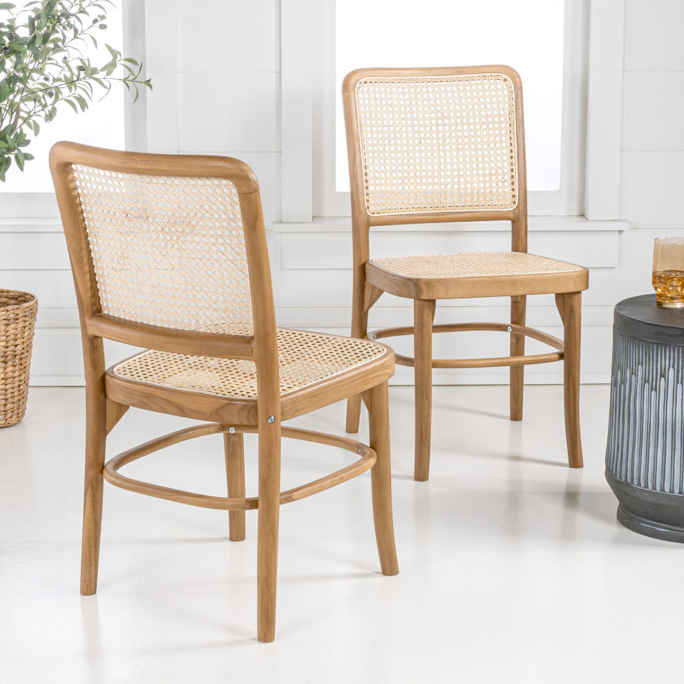 Colmar Mid-Century Vintage Wood Rattan Dining Chair, Natural, Set of 2