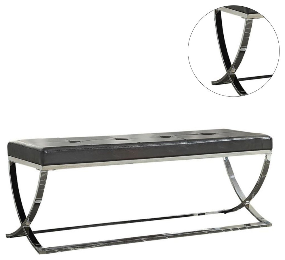 Faux Leather Bench with Metal, Base Black and Chrome