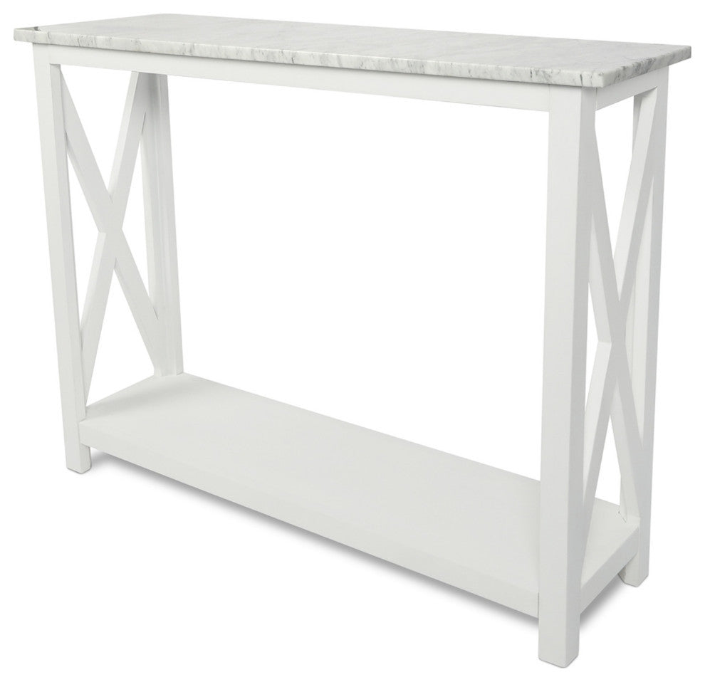 39" Italian Carrara White Marble Console Table With White Color Solid Wood Legs