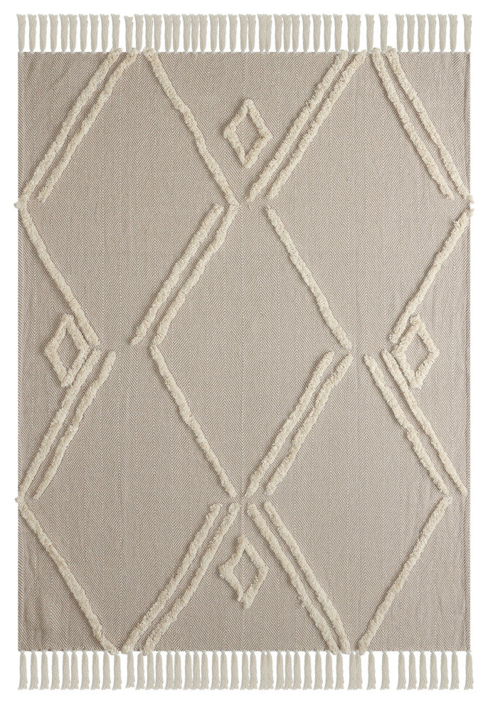 Tufted Geometric Beige and Cream Throw Blanket With Fringe