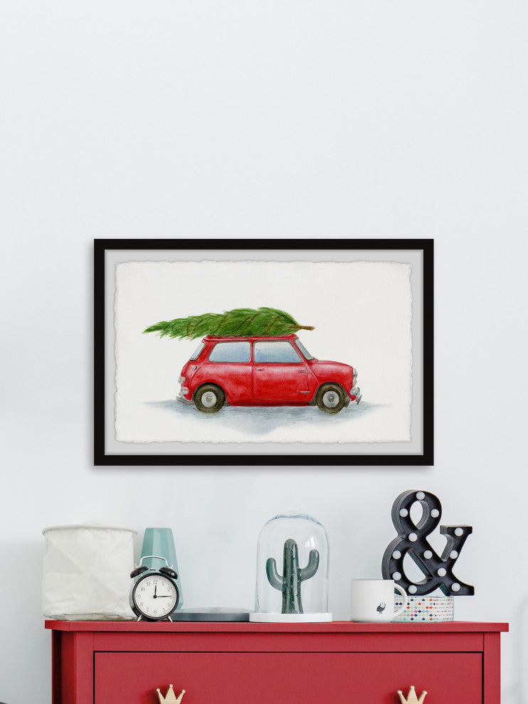 "Red Car With Green Pine" Framed Painting Print, 12x8