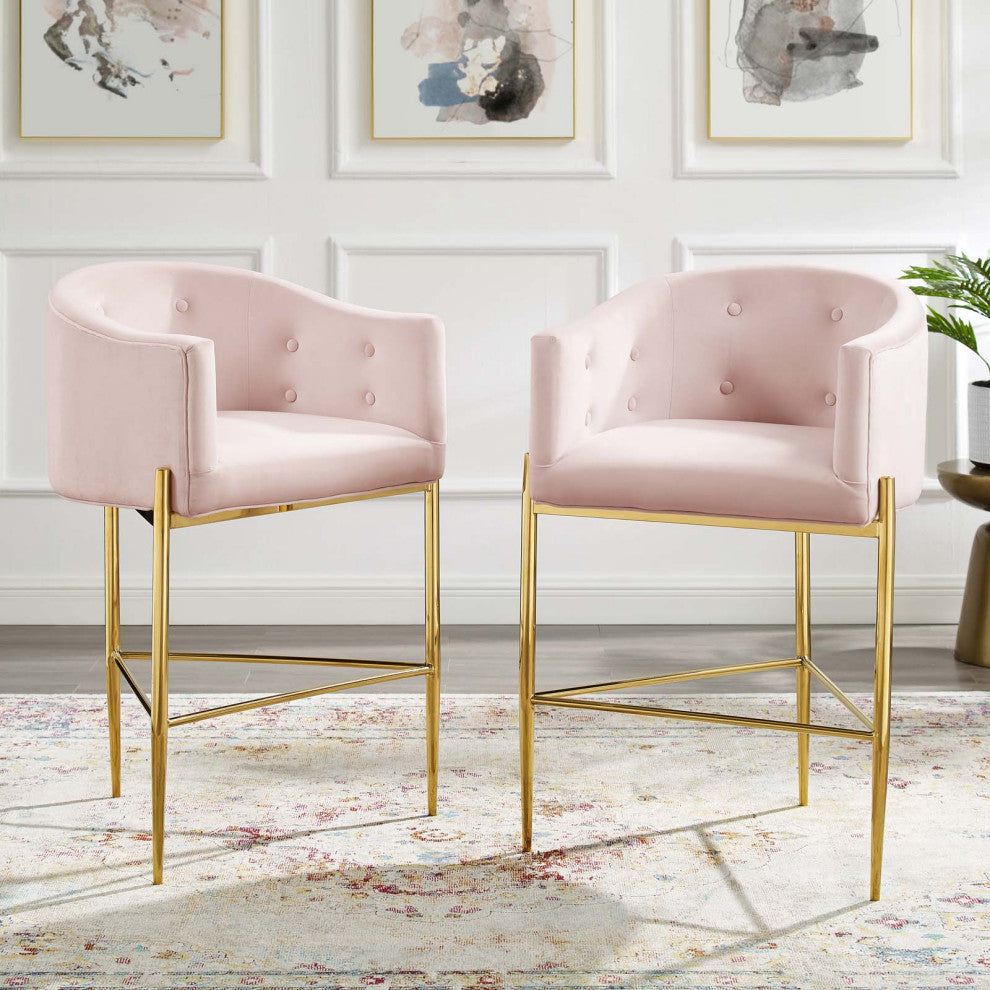 Tufted Bar Stool Chair Barstool, Set of 2, Velvet, Metal, Pink, Modern, Bar Pub