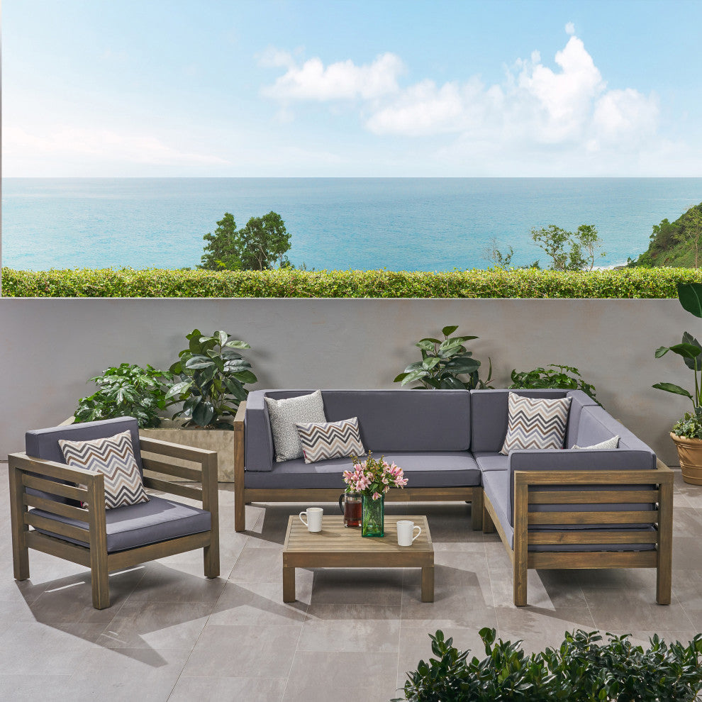 Emma Outdoor 6 Seater Acacia Wood Sectional Sofa and Club Chair Set, Dark Gray