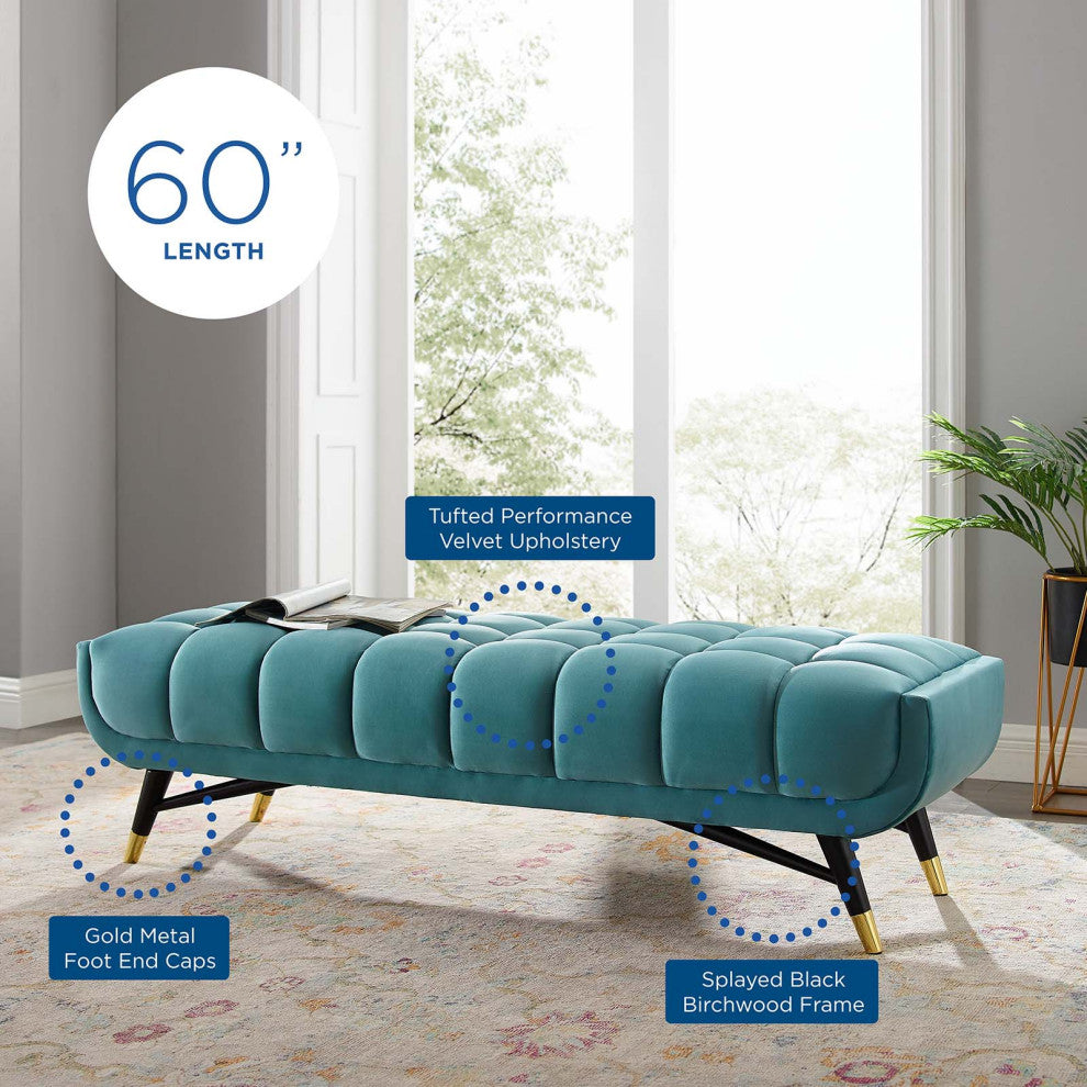 Accent Chair Bench, Velvet, Blue, Modern, Living Lounge Hotel Lobby Hospitality