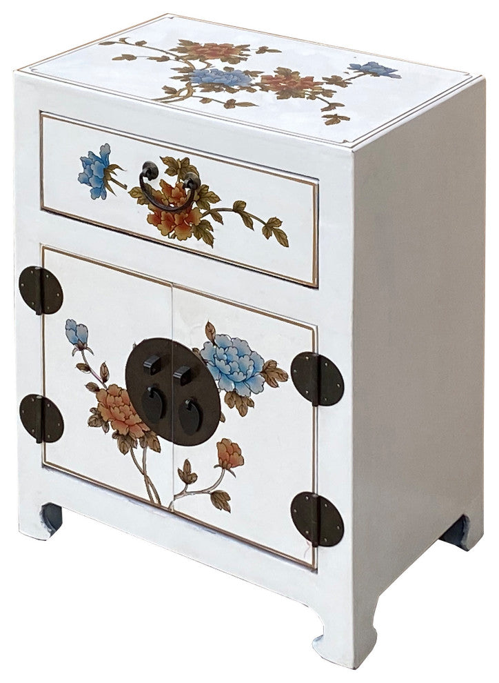 Chinese Off White Vinyl Moon Face Flower End Table Nightstand Hcs7130