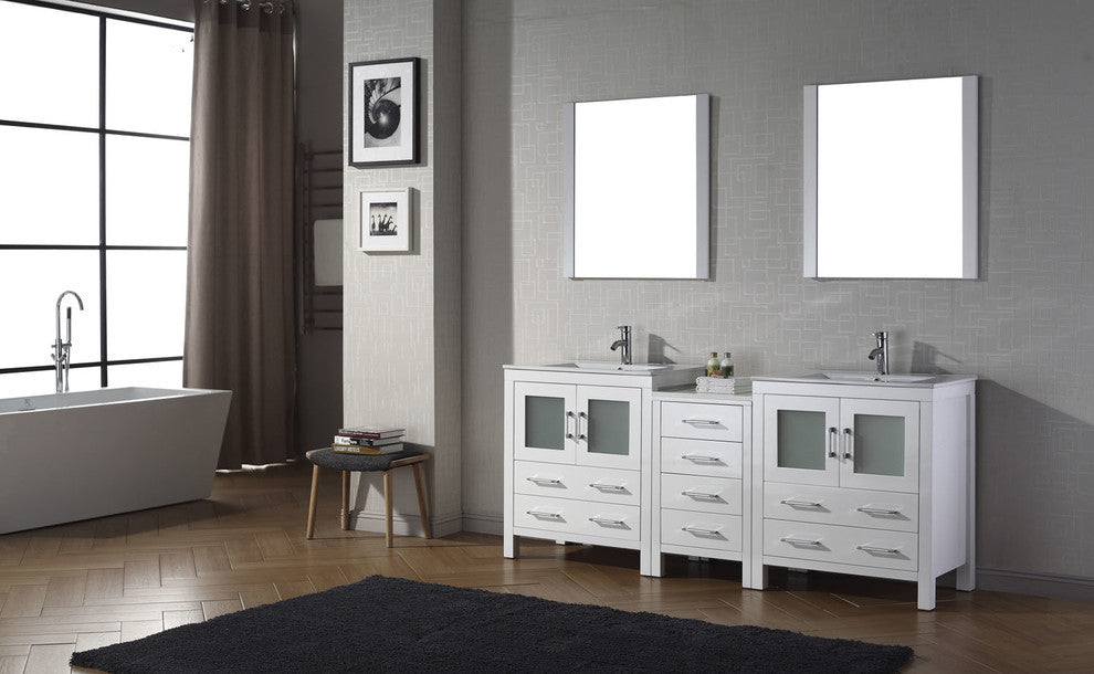 Virtu Dior 78" Double Bathroom Vanity, White, Polished Chrome Faucet, Mirrors