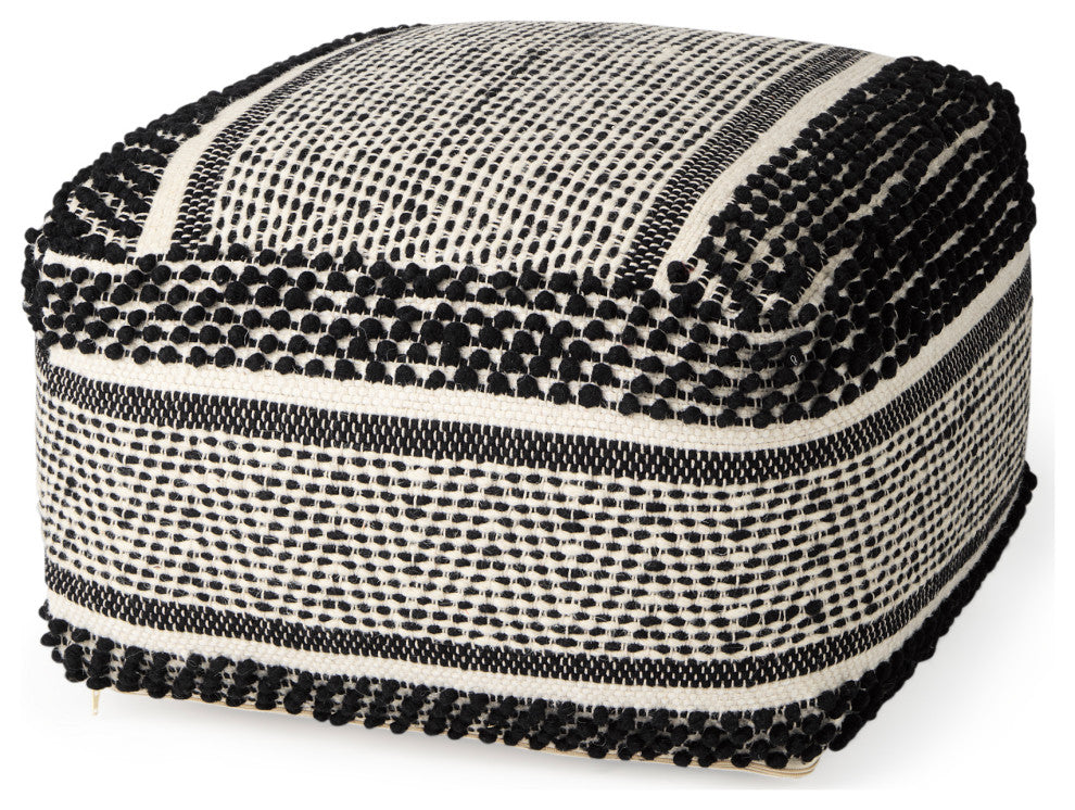 Garima 22Lx22Wx14H Black/White Wool and Cotton Patterned Pouf