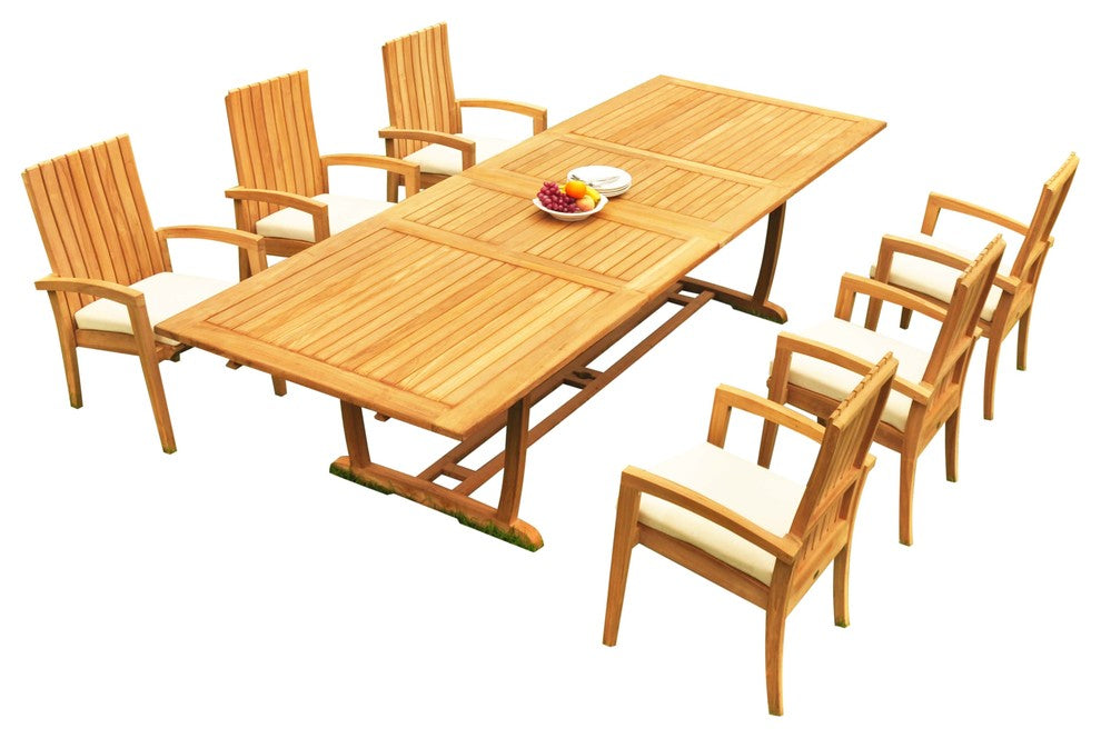 7-Piece Outdoor Teak Dining: 117" Masc Rectangle Table, 6 Goa Stacking Chairs