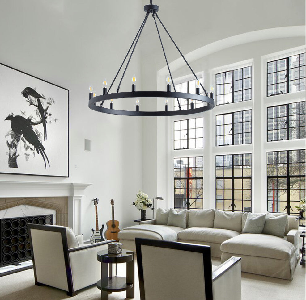 12-Light Wagon Wheel Black Pendant Chandelier