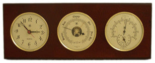 Quartz Clock, Barometer and Thermometer With Hygrometer on Mahogany Wood