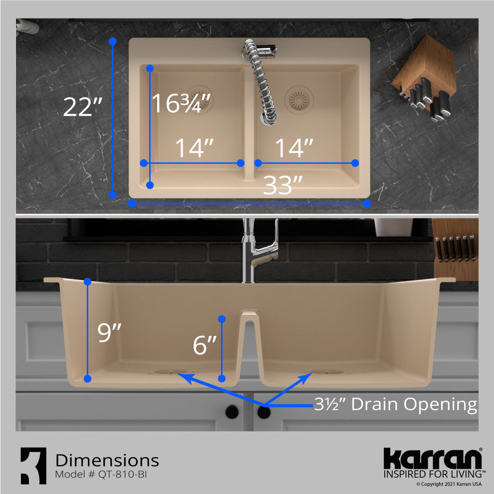 Karran 33" Top Mount Double Equal Bowl Quartz Kitchen Sink, Bisque