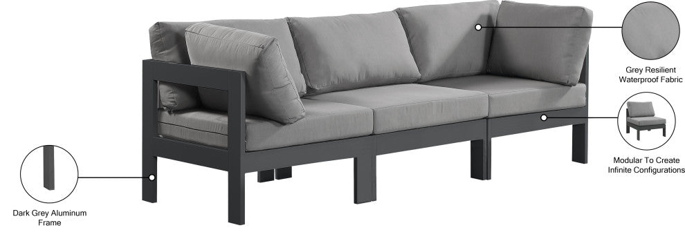 Nizuc Water Resistant Patio Modular Straight Sofa, Gray, 3-Piece: 1 Armless Chair, 2 Corner Chair, Dark Gray Aluminum Frame