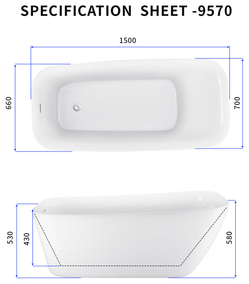 59" Acrylic Single Slipper Flatbottom Non-Whirlpool Bathtub, White