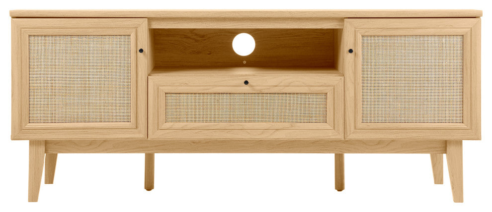 Caned TV Stand, Drawer, Storage Doors Fits TVs up to 65", Cable Management, Oak