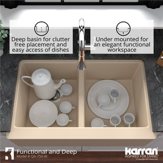 Karran Farmhouse Apron Front Quartz 34" Double Bowl Kitchen Sink, Bisque