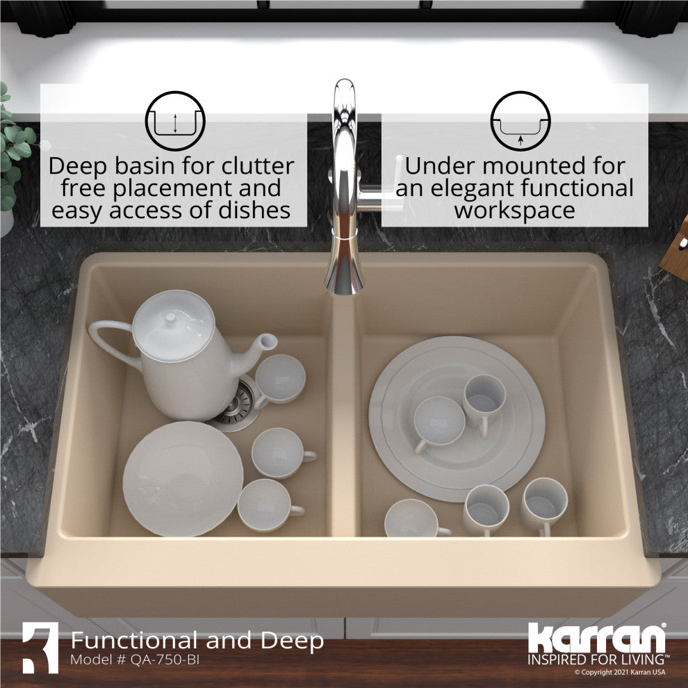 Karran Farmhouse Apron Front Quartz 34" Double Bowl Kitchen Sink, Bisque