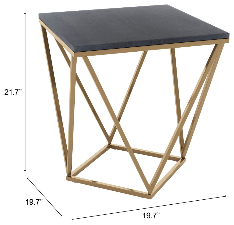 Sofa Side Table, Square, Artificial Marble, Iron Metal, Black, Antique Brass