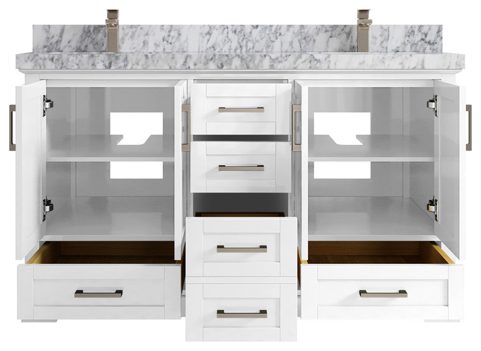 Boston 60 Double Bathroom Vanity in White 2" Carrara Marble
